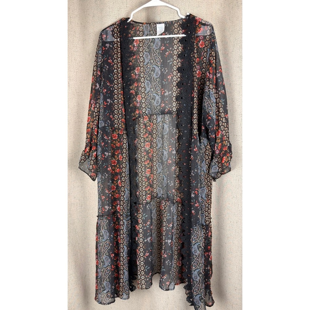 Time and Tru Kimono Duster L-XL Black Floral Paisley Crochet Boho Exc
